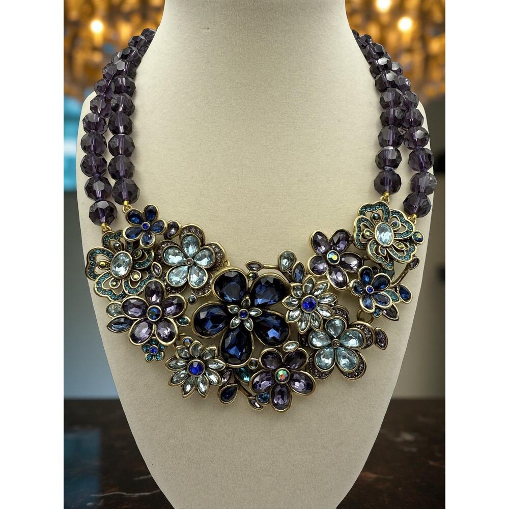 Heidi Daus “Flower Show” Purple Crystal Floral Statement Necklace Adjustable
